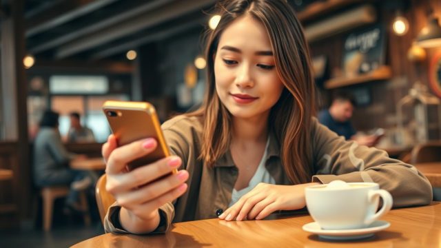 Personne qui consulte une appli de rencontre sur son téléphone dans un café