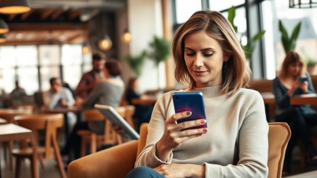 Une femme de 45 ans compare deux applications de rencontre sur son téléphone