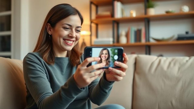 Une femme sourit à son téléphone pendant un appel vidéo de rencontre en ligne.
