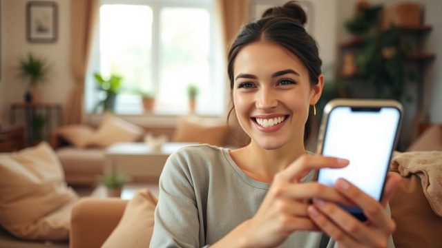 Une femme sourit pendant un appel vidéo sur son téléphone, en rencontres en ligne