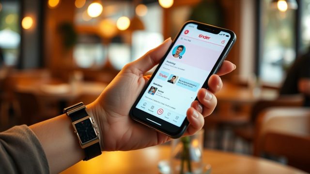 Une main tient un smartphone avec l'application Tinder ouverte sur un profil