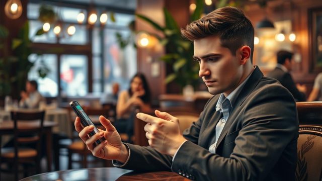 Une personne compare des applications de rencontre sur son téléphone dans un café