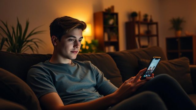 Une personne consulte une application de rencontre gratuite sur son téléphone le soir