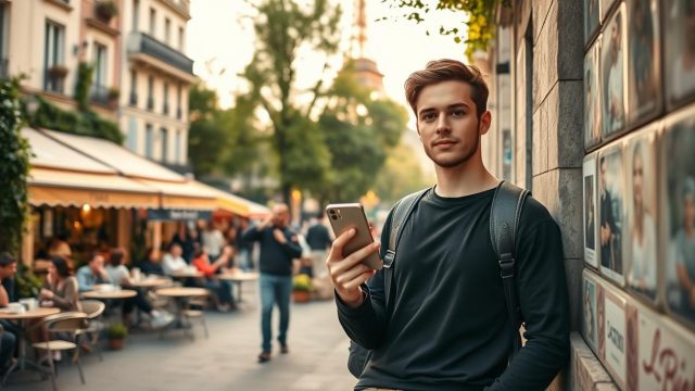 Une personne tient son téléphone dans une rue animée de Paris