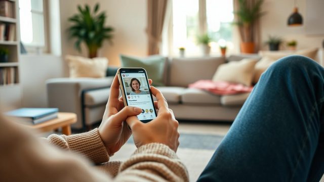 Une personne tient son téléphone et regarde un profil de rencontre à la maison