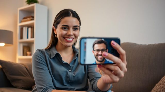 Une personne utilise un chat vidéo sur son téléphone pour rencontrer quelqu'un de sérieux